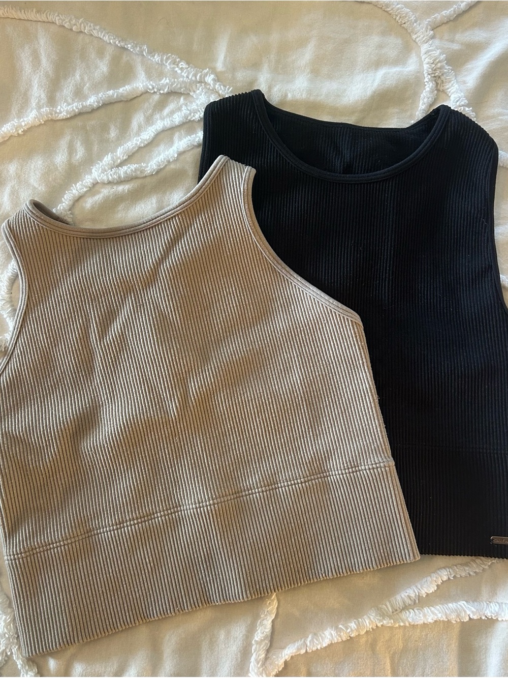 Hollister Gilly Hicks Ribbed Cropped Halter Neck Tank Top Set - Black and Taupe